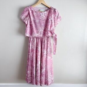 Vintage 60’s Pink Floral Blouson Midi Dress,‎ Size 6